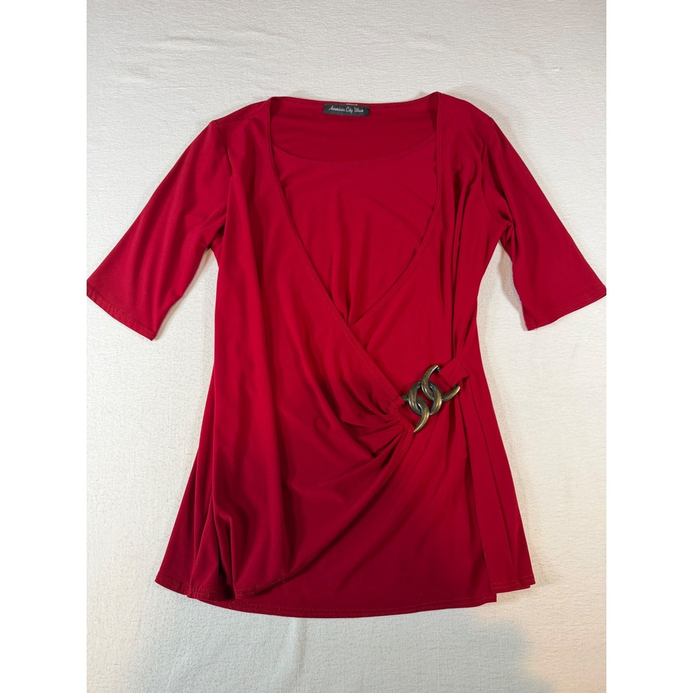 American City Wear Red Faux Wrap Top Buckle Detail Elbow Sleeve Womens
